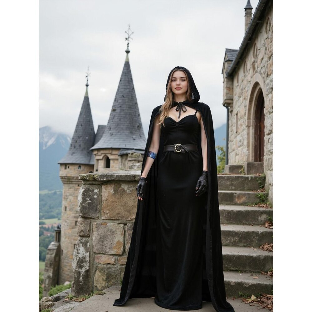 Women's Black Witch Imported Velvet Cloak Halloween Hooded Cape Medieval Costume - Picture 4 of 7